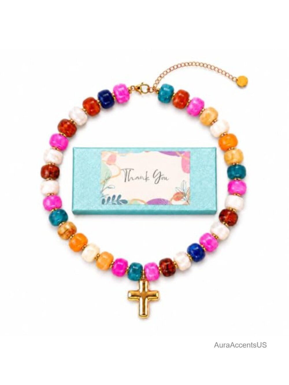 Chunky Beaded Necklace Boho Statement Cross Pendant Resin Jewelry Gift